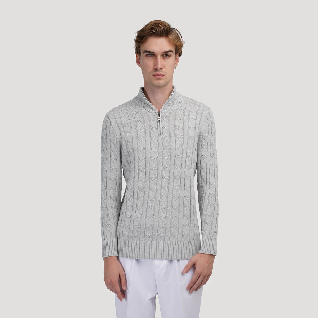 Strickpullover mit Zopfmuster und Reißverschluss-Kragen